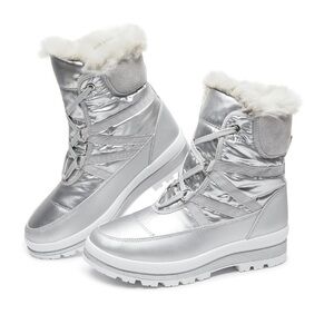Warm Fur Lined Mid-Calf Boots Waterproof Winter Snow Boots Non-slip - Silver